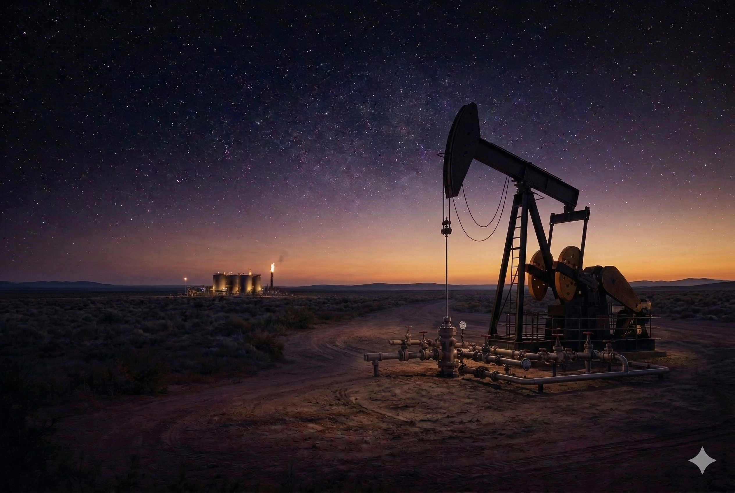 Oil pump jack at night under a star-filled West Texas sky